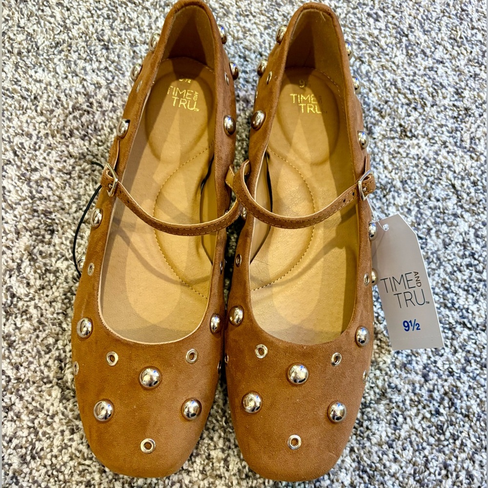 Time and Tru Tan Studded Mary Jane Flats
